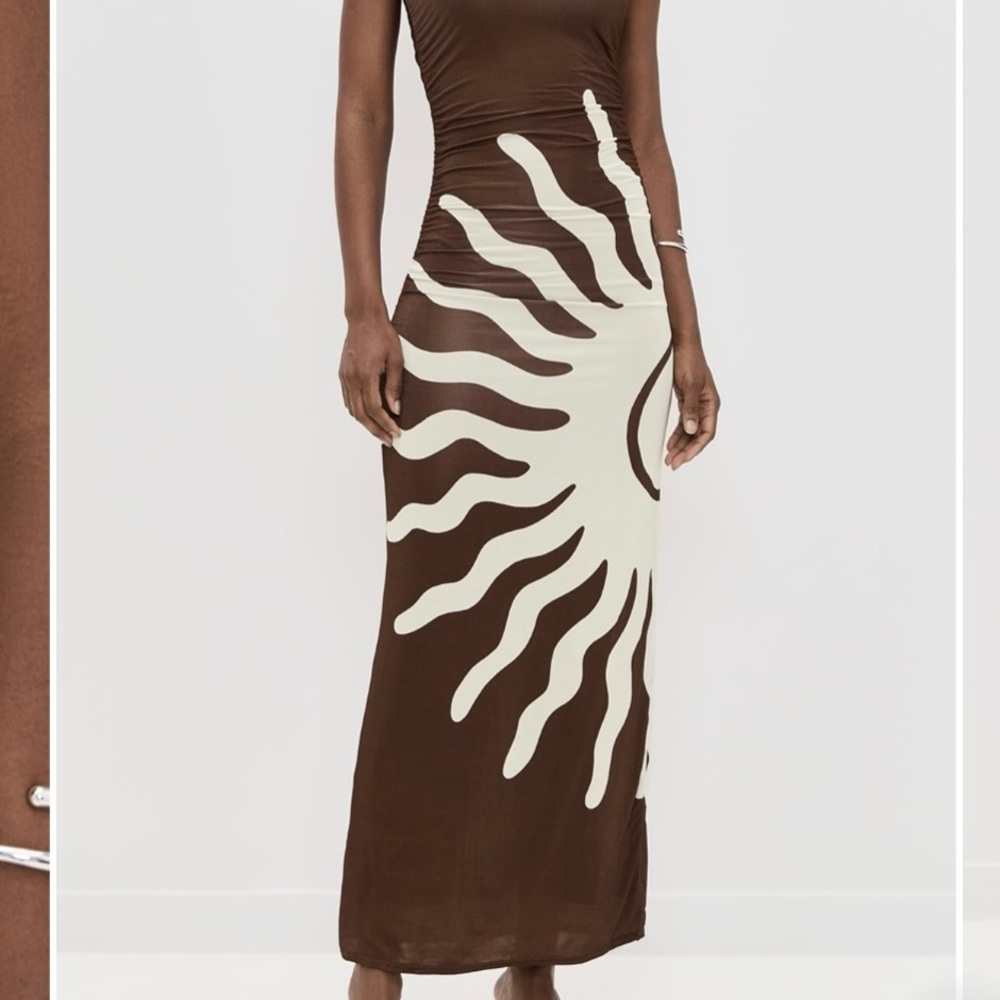 Revolve Cala de la Cruz Daphne Strapless Sunburst Mocca Maxi SideRuched Dress XS - Picture 5 of 8